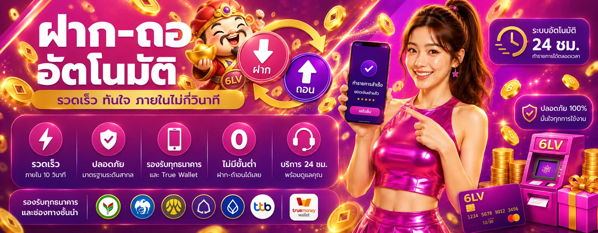 ขั้นตอนฝากถอน 6LV อัตโนมัติผ่านมือถือและธนาคาร